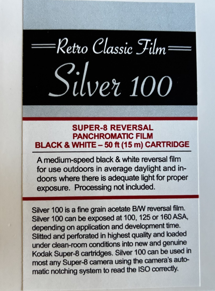 Silver 100 Super 8 black and white reversal movie film, ISO 100/200, limited edition