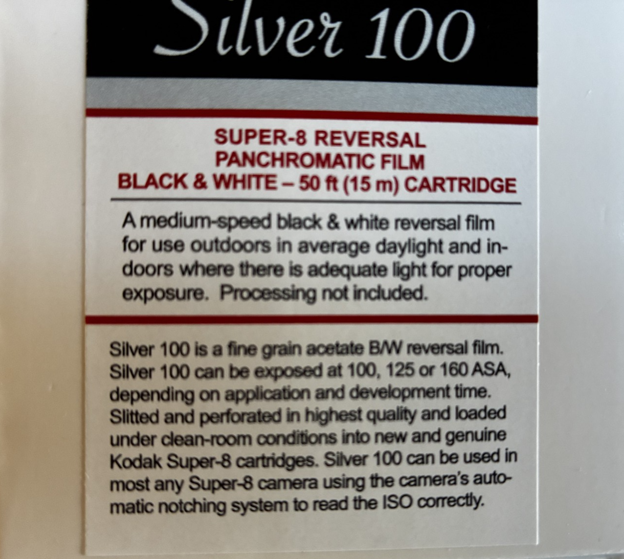Silver 100 Super 8 black and white reversal movie film, ISO 100/200, limited edition